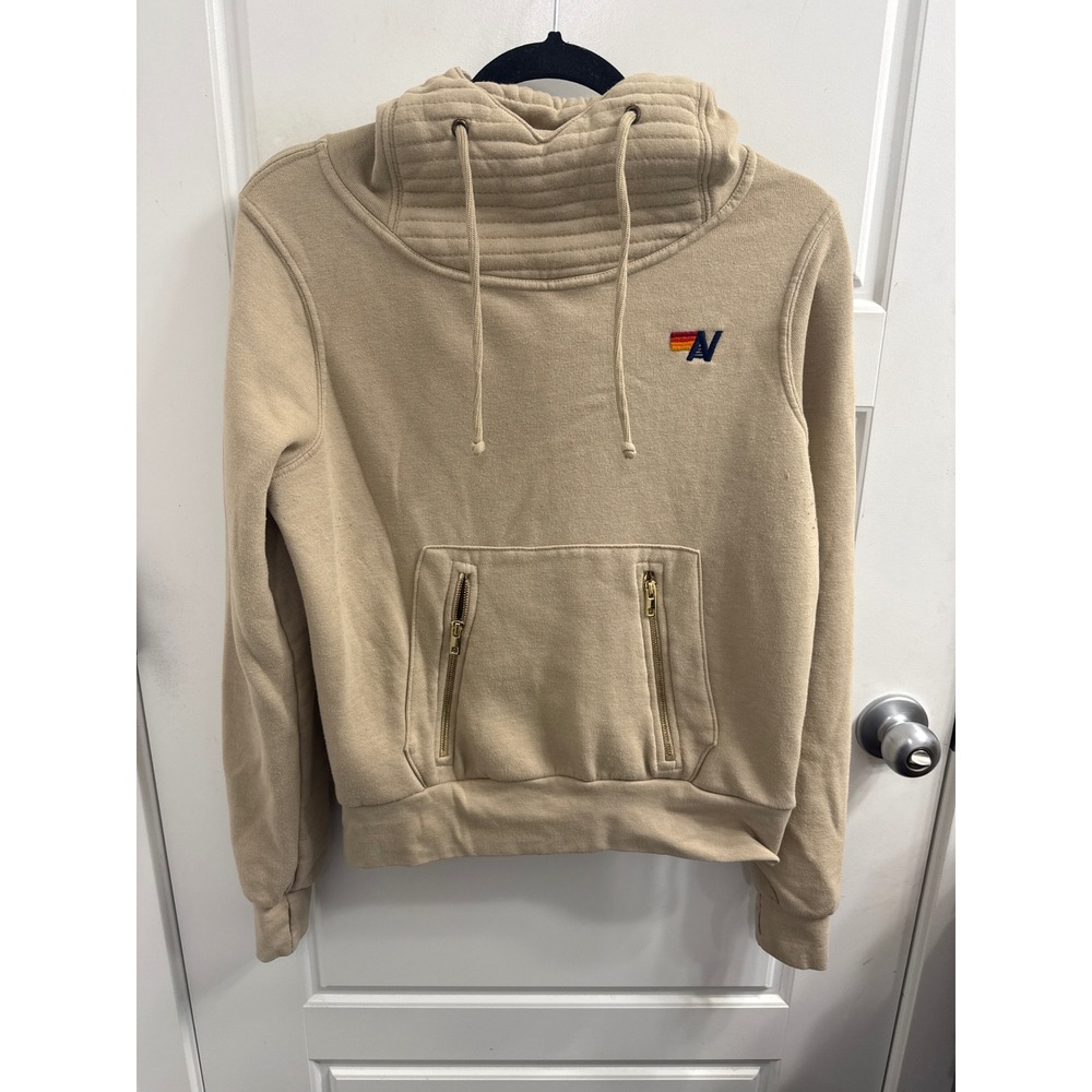 Aviator Nation Ninja Hoodie Tan Sand Rainbow Logo Quilted Funnel Neck XS Womens
